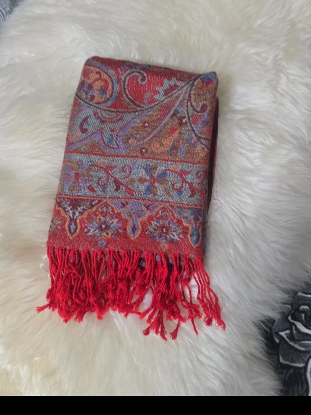 Pashmina Red Paisley Jacquard Scarf with Multicolor Accents
